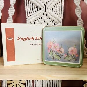 Vintage English Life Hollyhocks Acrylic Cork Back Coaster‎ Set of 6 Original Box
